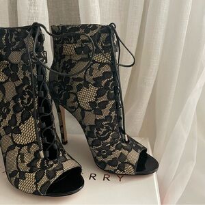 Brian Atwood Black Lace Over Nude Peep-Toe Ankle Booties